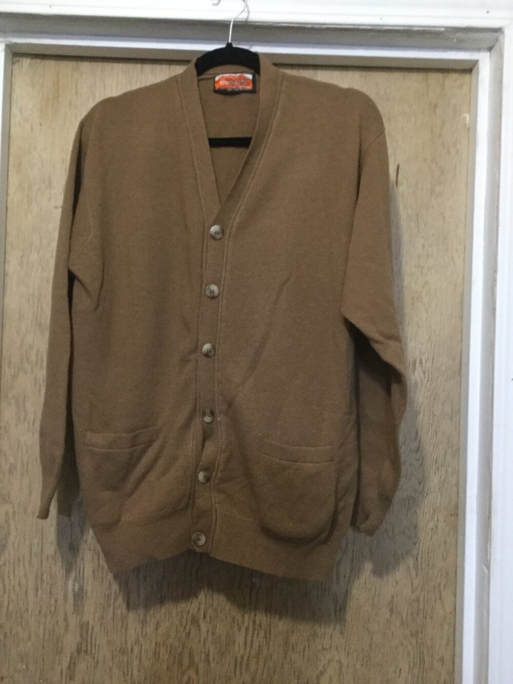 Namaste Cotton Vintage tan 100% wool cardigan measures 22 p2p and 27" long